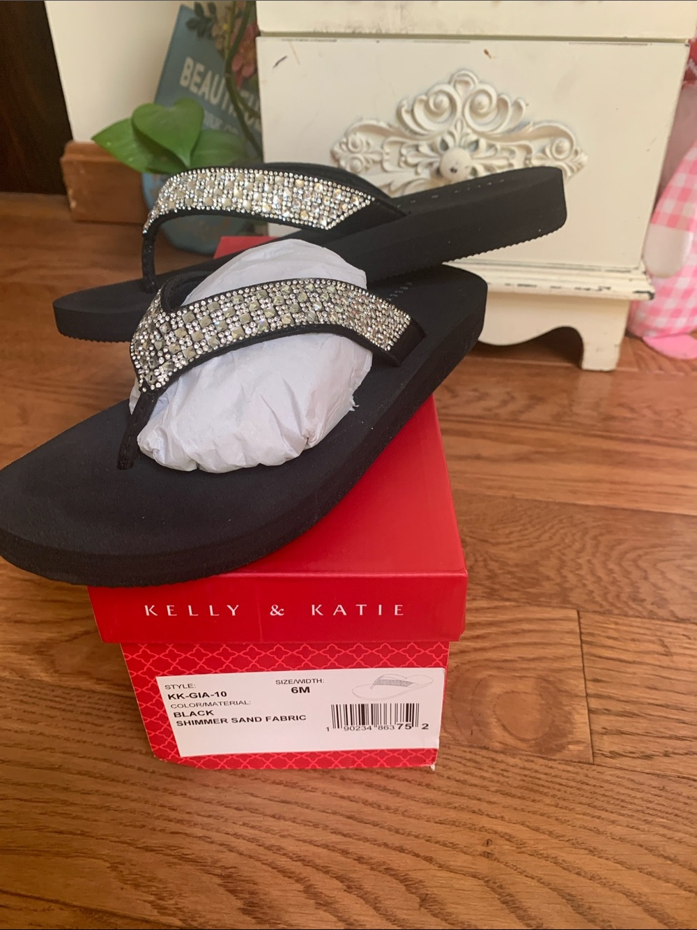Kelly & Katie Black Sandal Flip Flops with Sparkling Rhinestones